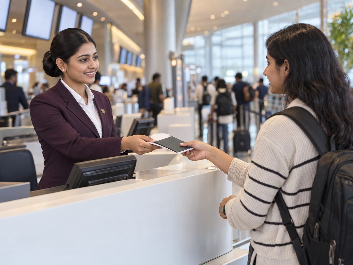 Airline agent in a plum blazer handing a boarding pass to a traveller at a check-in counter
