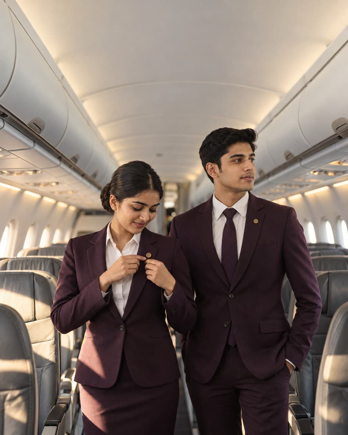 Two cabin crew members in plum uniforms standing in an aircraft aisle before boarding