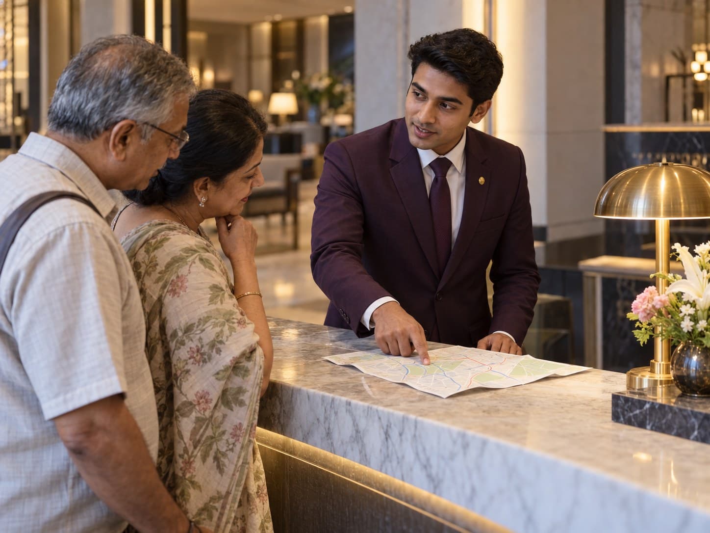 Hotel front desk staff member in a plum blazer helping an older couple plan a trip on a map